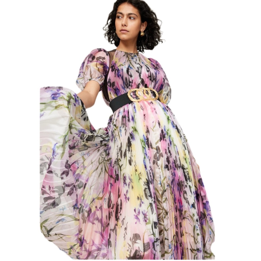 Bibhu Mohapatra Puff Shoulder Organza Midi Dress Gown Floral Graffiti Print SZ 0